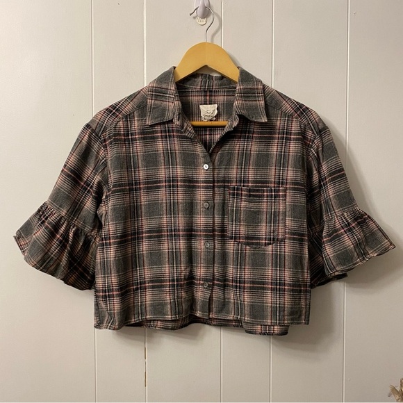 Cinq A Sept Emile Grey Plaid Button Front Crop Top Collared Shirt Cropped Cotton - Picture 3 of 12